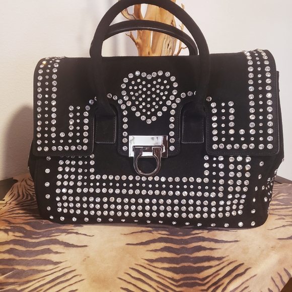 CHARM & LUCK Blk Suede w/Cry. Heart Satchel Vintage NWOT - Picture 8 of 12